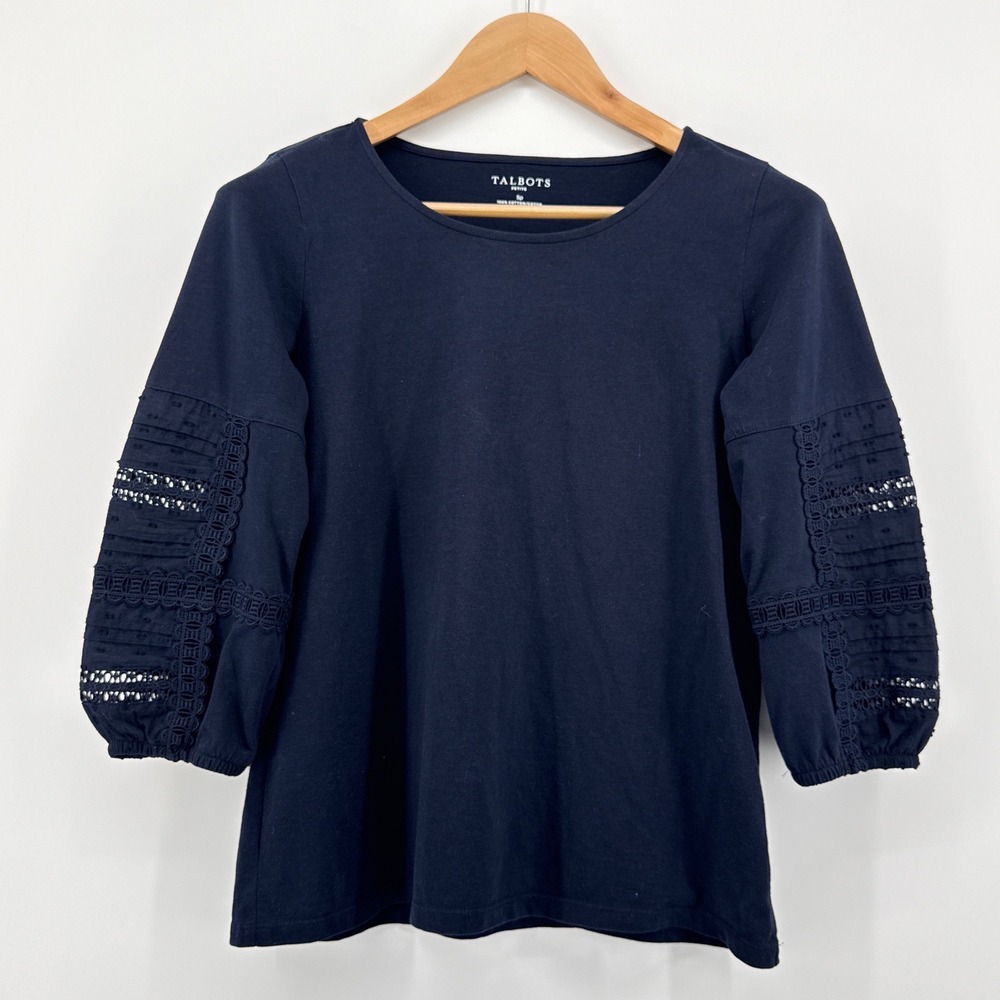 Talbots Petite Navy Blue Cotton Top Eyelet‎ Lace Crochet 3/4 Sleeve Small Petite